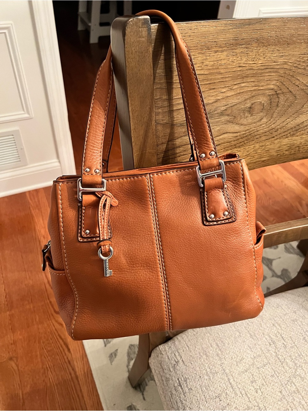 Fossil Leather Tote Handbag in Cognac Brown